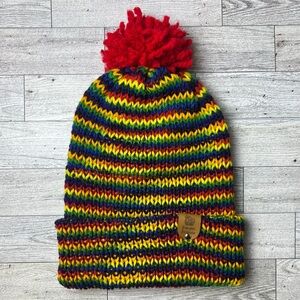 Colorful Rainbow Knit Pom-Pom Beanie f